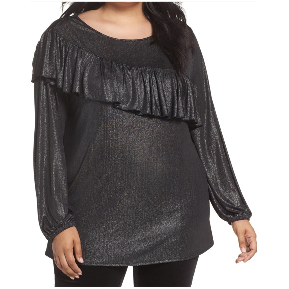 Sejour Long Sleeve Ruffle Black Metallic Blouse